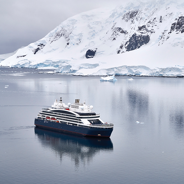 Luxury cruise ship sailing on polar waters 