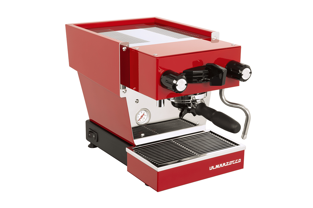 Italian espresso machine that is red, compact, and easy-to-use featuring smart upgrades such as the app-controlled Pro-Touch steam wand. 