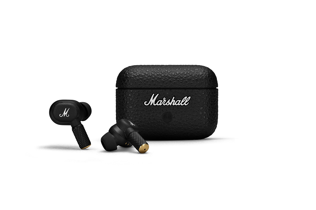 Marshall wireless Motif II A.N.C. earbuds in sleek black and gold monogrammed with the classic M and Marshall logo. Compatible with Bluetooth 5.3 and LE Audio.