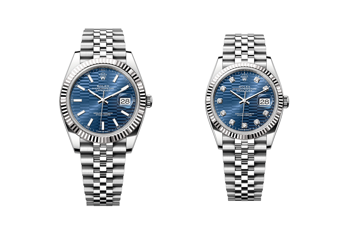 Men's 41mm Rolex Oyster Perpetual Datejust in Oystersteel with blue fluted motif dial and women's 36mm with white gold and diamond markers. 