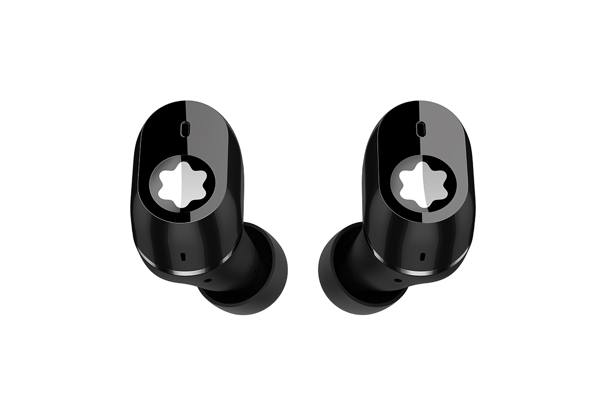 Luxurious, in-ear wireless headphones with sleek black and white coated aluminum bud design featuring Montblanc's signature six-pointed rounded star logo.