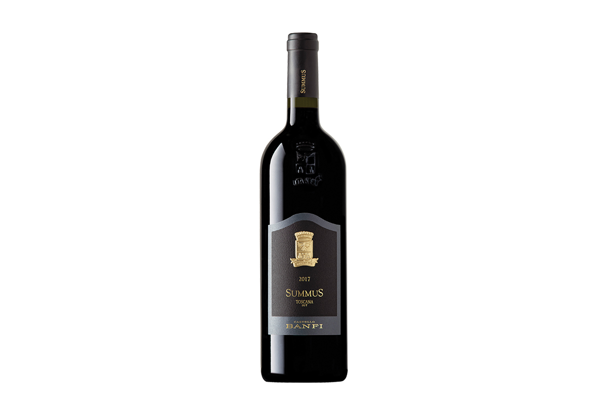 A bottle of Banfi’s Summus Toscana, a tantalizing blend of earthiness and vibrant fruit character. This elegant 2017 red delivers dark stone fruit mixed with tobacco and leather.