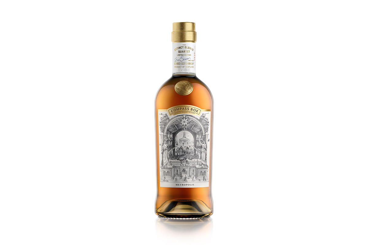 A bottle of Compass Box Whiskey. The Extinct Blends Quartet from Compass Box includes limited-edition whiskies blended to replicate the aromas and flavors of Scotch whiskies that have long vanished.