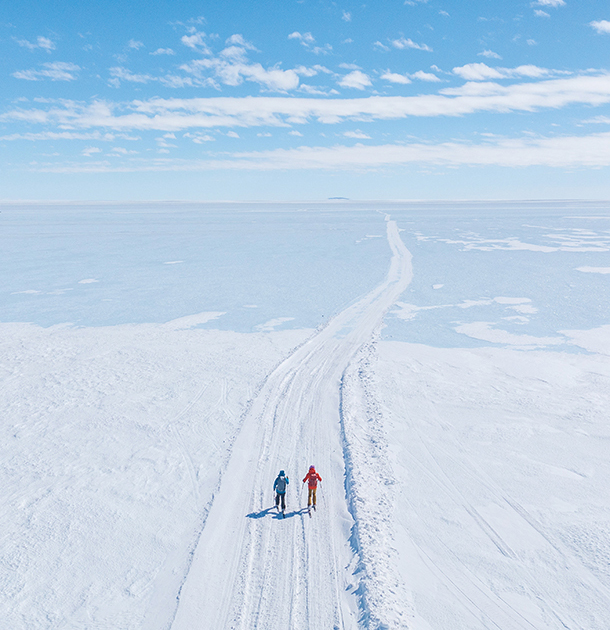 Guest hike and ski on pristine, white, snow-packed ice fields.