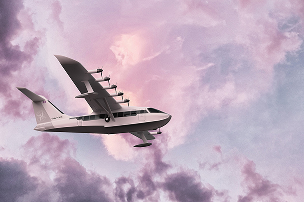 An electric amphibious seaplane flying in a blue sky with pink clouds. 