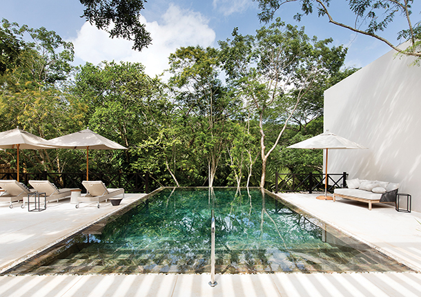 An infinity pool surrounded by a deck with lounge chairs and umbrellas. There are lush green trees in the background.