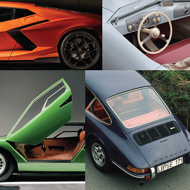 Closeup view of the modern and vintage Lamborghini and Porsche car models.