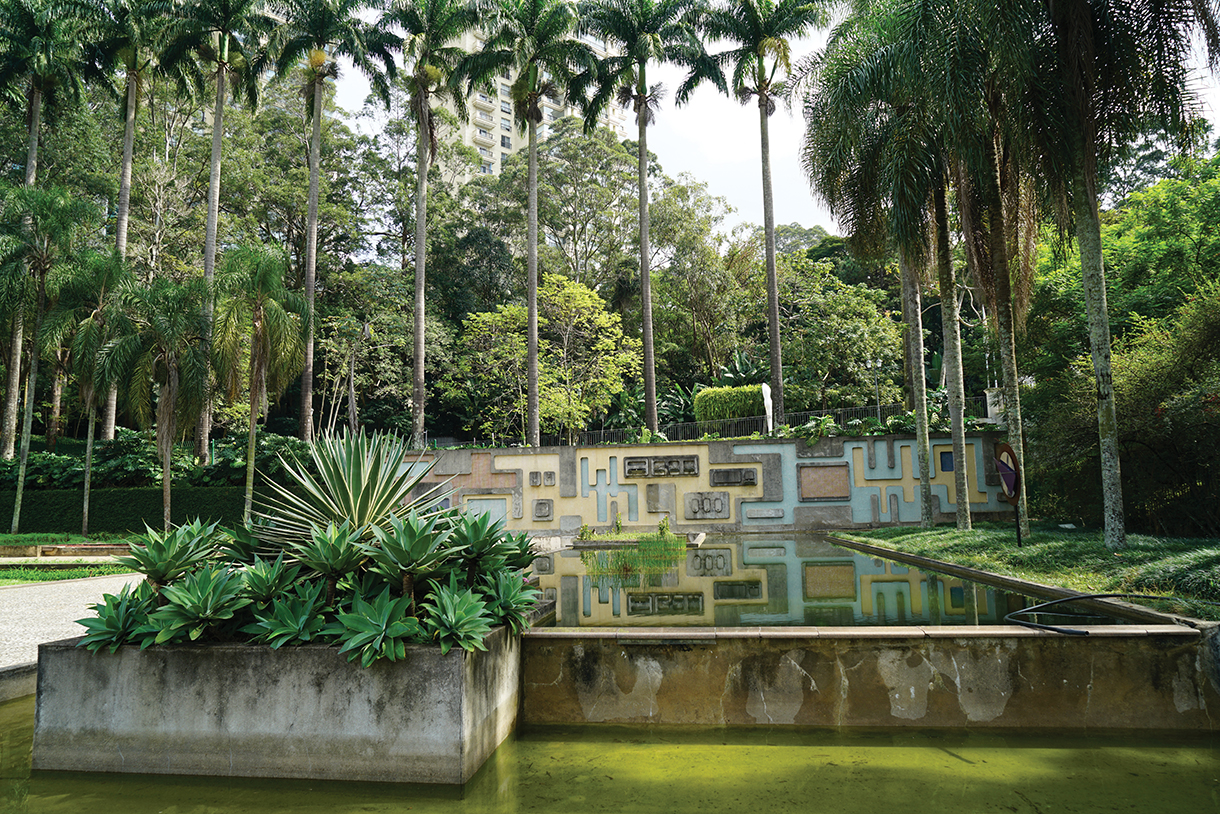 A reflecting pool in a lush tropical garden with palm trees and abstract wall in the background 