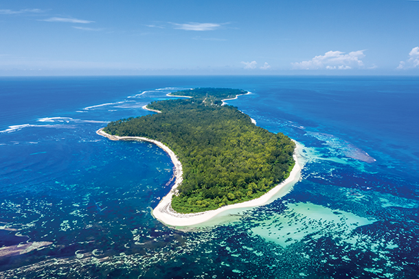 Aerial view of a private and remote island with white sandy beaches, captivating coral and lush palm trees.