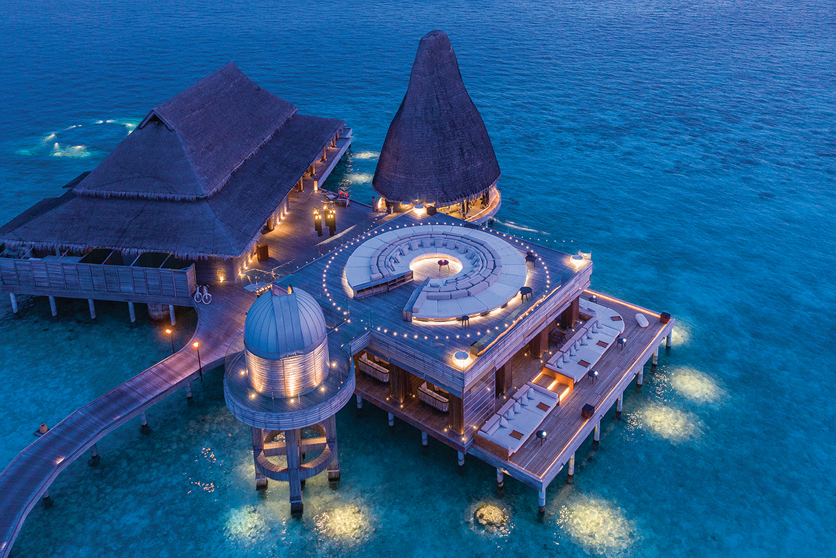Top view of island resort’s overwater observatory in the Maldives Islands