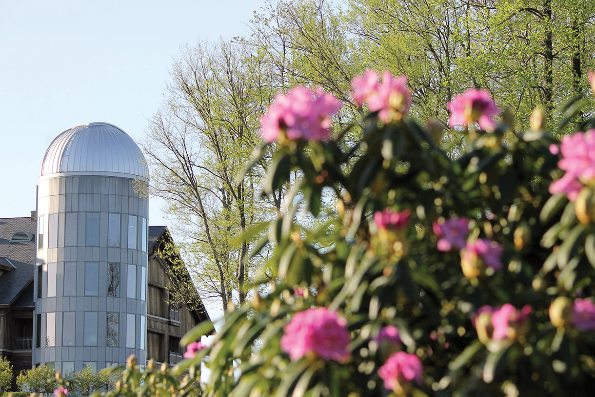 Closeup of resort’s observatory with pink flowers in the foreground