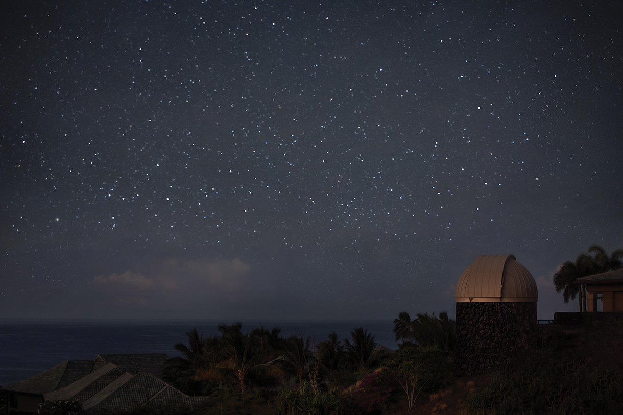 Observatory surrounded by palm trees and ocean at night with many stars in the sky 