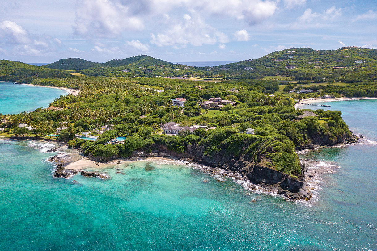 Beautiful coastal view on the island of Mustique. White sand, crystal-clear turquoise water and palm trees line the shore with a clear blue sky above.