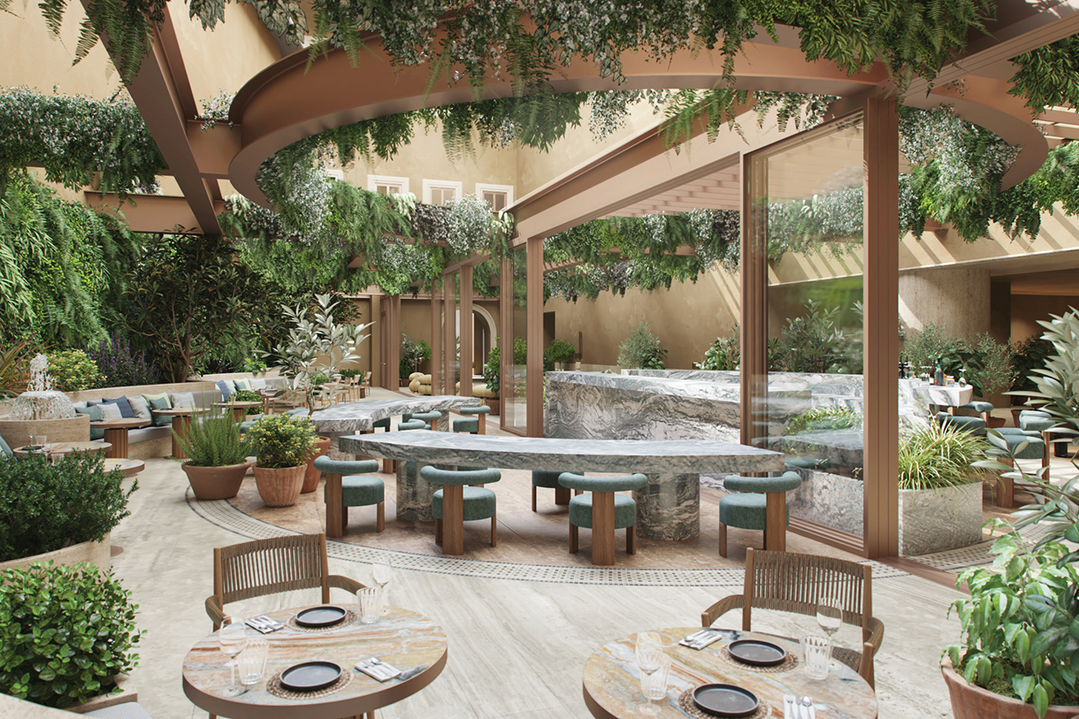 Hotel courtyard with dining tables, lounge and sitting areas surrounded by multiple trees and botanicals throughout