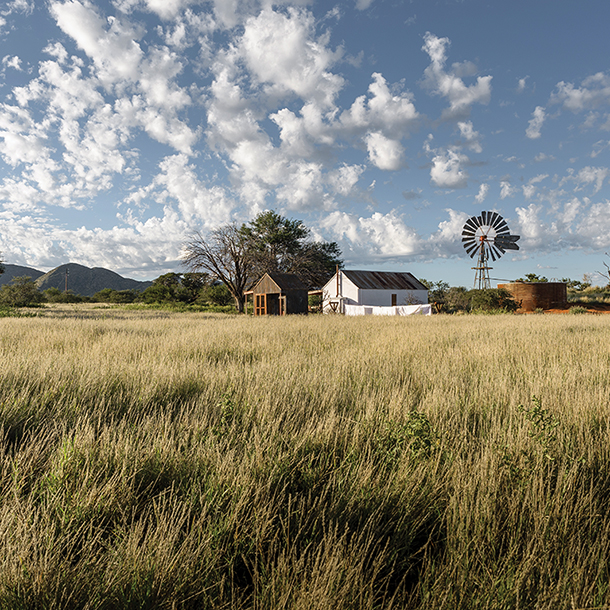 A rural landscape with a white farmhouse, a windmill, and a large water tank. The farmhouse is surrounded by tall grass and trees, with a blue sky and white clouds above.)