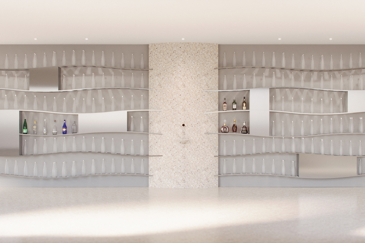 A luxurious, brightly lit, custom water cellar wall filled with bottles of high-end water organized and displayed on a curved, metal shelves stacked from floor to ceiling.