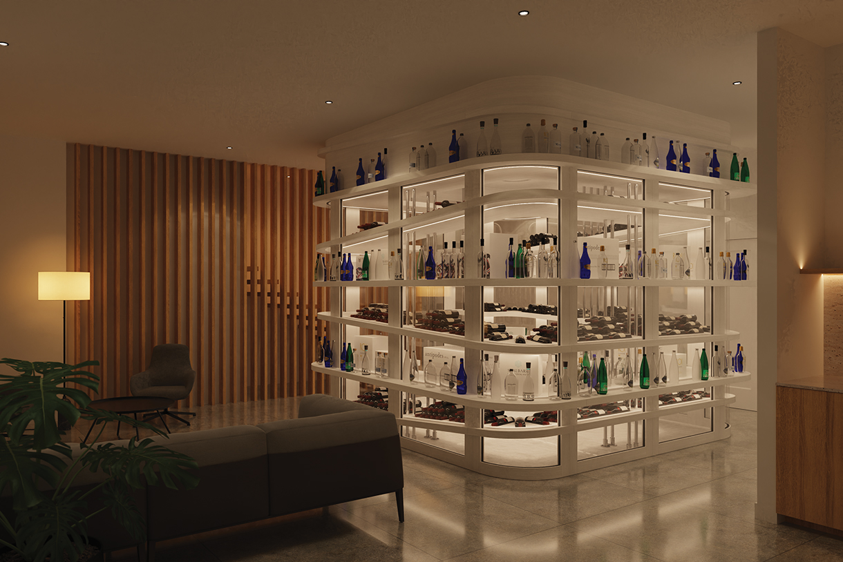 A well-stocked cellar with floor-to-ceiling shelves filled with various bottles of water, wines and spirits. The cellar is inside a dimly lit living room with a sofa, chairs, lamps, and wooden slat wall.