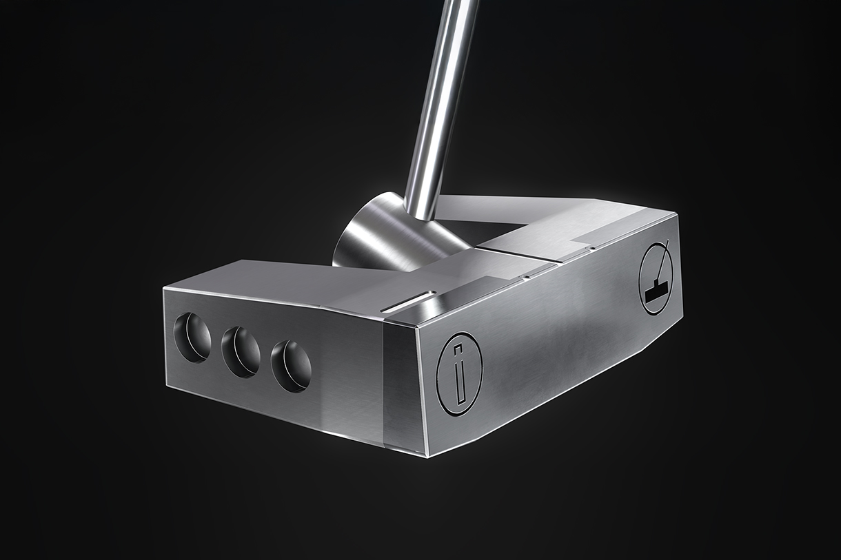 A close-up of the Incred Golf RFB Putter, showcasing its unique center-shafted design and weighted head.