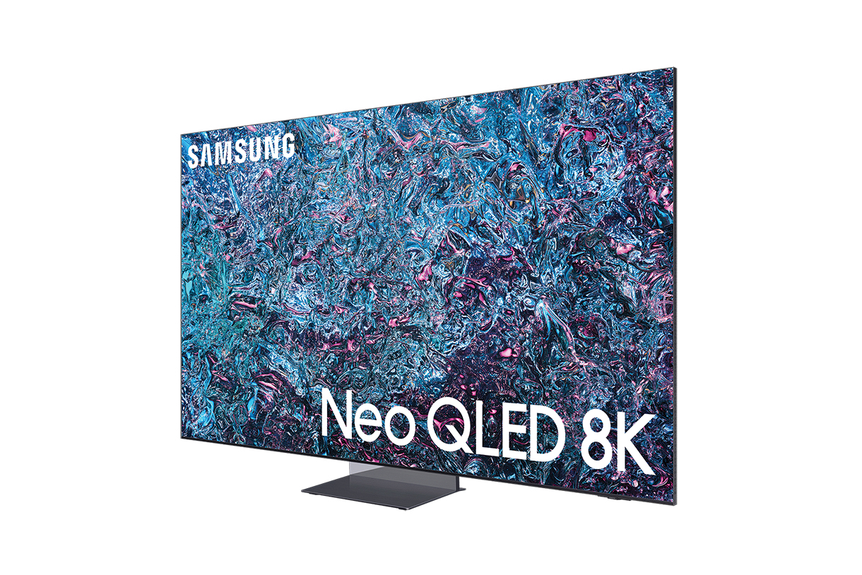  A large Samsung Neo QLED 8K UHD HDR television with a vibrant blue and purple abstract image on the screen.