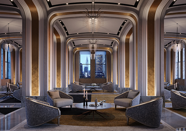 A large dramatic, Art Deco-styled lobby that has a long hallway with a city view at the end of the hallway. The lobby has arches in the ceiling and elegant furniture including plush chairs and coffee tables