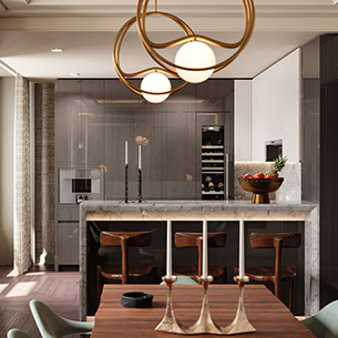  A modern and elegant kitchen and dining area with an ornate light fixture, gray toned cabinetry, a counter top, wooden bar stools, dining table and chairs.