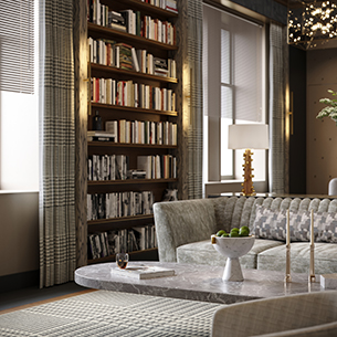 A contemporary and luxurious living room with a floor-to-ceiling bookshelf, windows, coffee table, and couch.