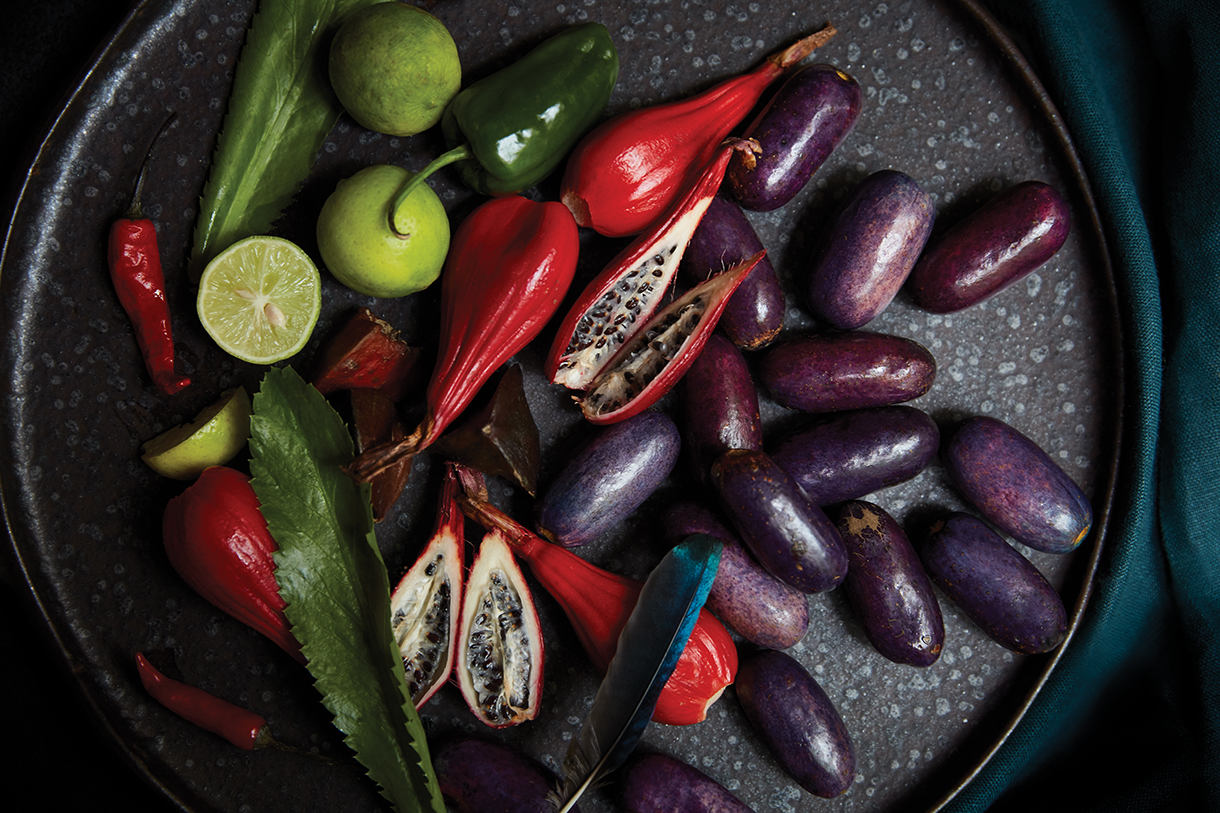 A plate filled with colorful tropical fruits and vegetables. There are purple and red fruits, green chili peppers, limes, and a single blue feather. Some of the fruits are cut open, revealing their seeds and flesh.