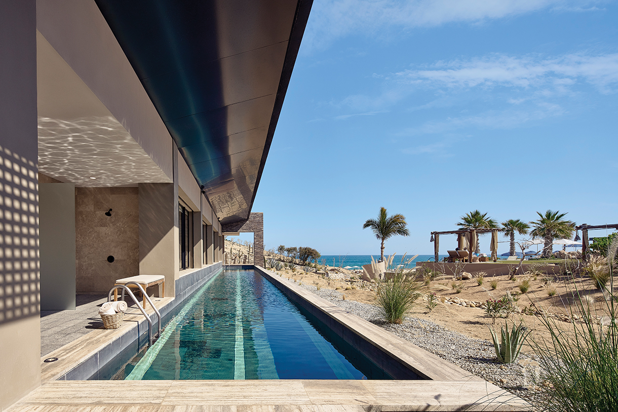 A long infinity pool overlooking the ocean at Zadún, a Ritz-Carlton Reserve in San José del Cabo, Mexico.