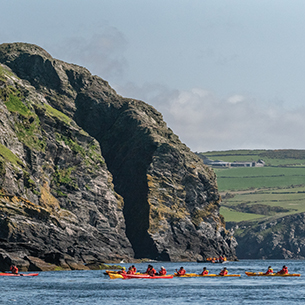 A group of passengers on kayaks in the ocean sightseeing Calf of Man Island. In the background there is a large rocky island and beautiful green grassy coast.