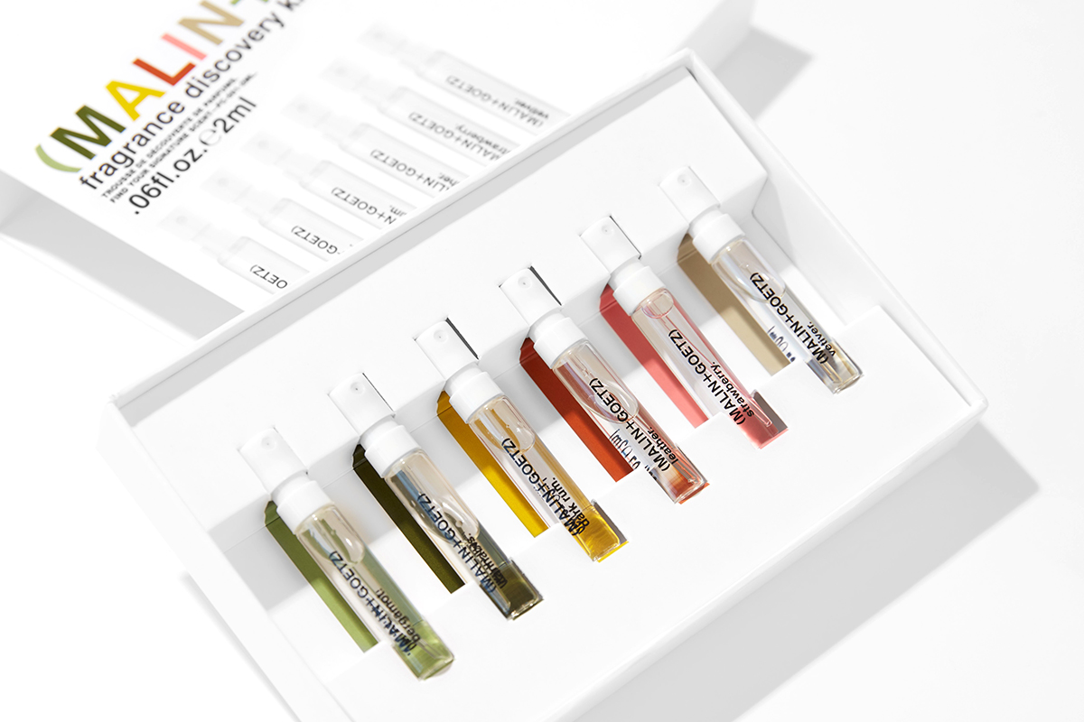 Malin + Goetz fragrance discovery kit features 6 sample sizes of Bergamot, Cannabis, Dark Rum, Leather, Strawberry, and Vetiver eau de parfums. 