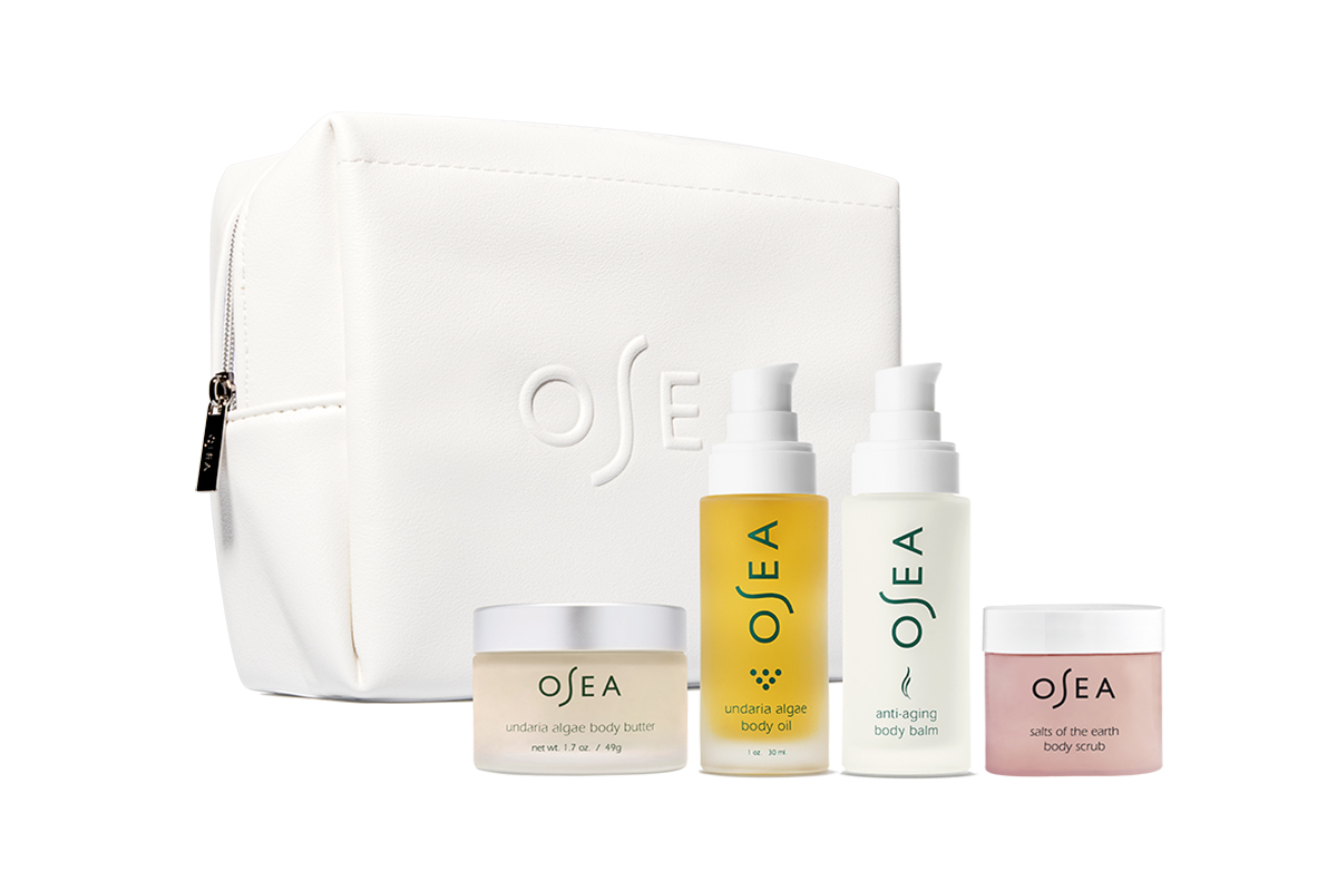 Four-piece Bestsellers Bodycare Set by Osea includes seaweed-infused and antioxidant-rich Undaria Algae Body Oil, Body Balm, Body Scrub, and Body Butter. 