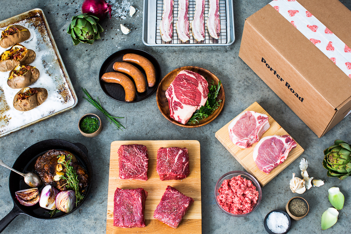 Mouthwatering cuts of marbled rib eye or strips, smoked bacon, and dry-aged ground beef by Porter Road.  Sourced from pastures in Kentucky and Tennessee and raised with no hormones or antiobiotics.