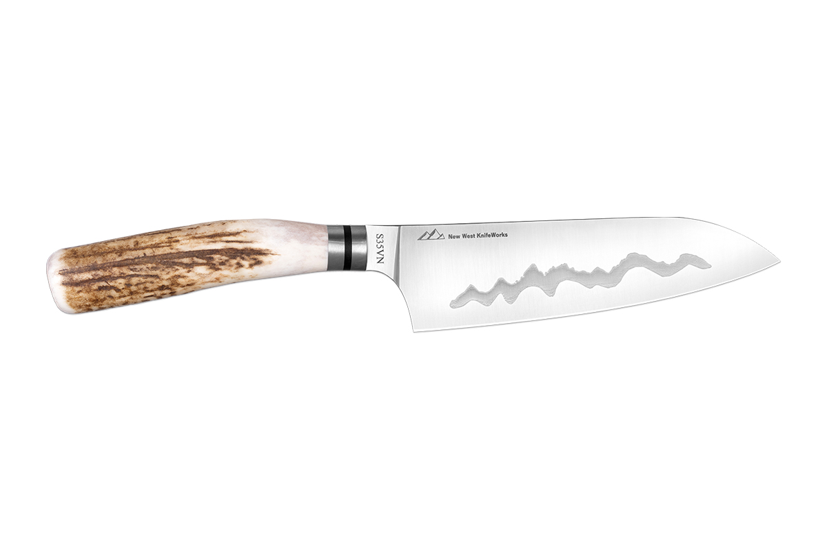 Knife with a 6.5-inch, Japanese-style, powder metal steel blade and handle fashioned from naturally shed elk antlers, sourced from Jackson Hole, Wyoming.