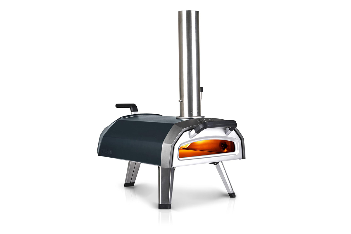 Portable pizza oven that includes a powder-coated finish and a door fitted with a glass panel so you can monitor cooking progress without letting heat escape.