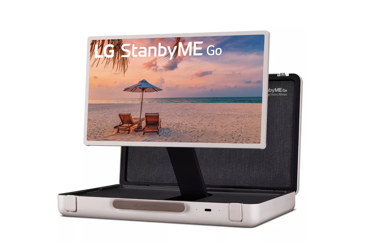 Portable LG StandbyME Briefcase Design 27-inch smart touchscreen housed in a hard-sided case, no power cords and attached to a movable support.