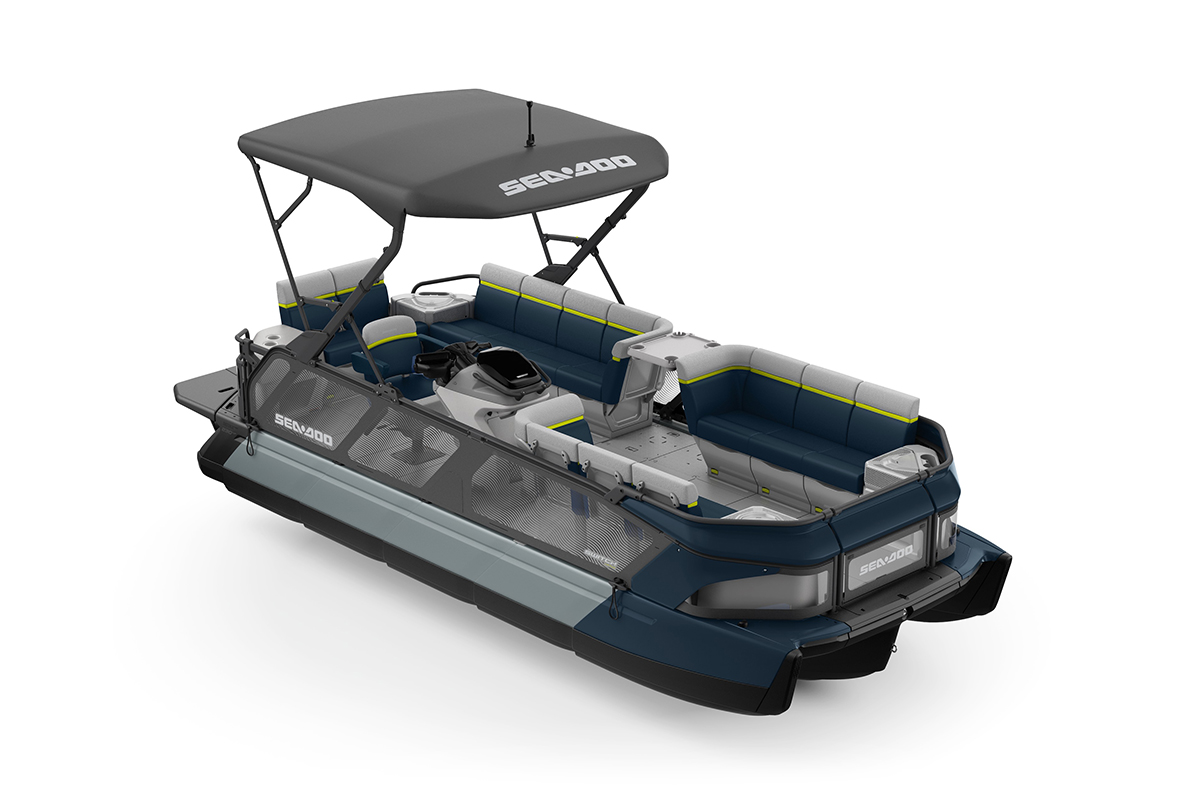 2024 Sea-Doo Switch Cruise Limited jet propulsion pontoon boat featuring a 10.25-inch touchscreen, a premium JL Audio sound system, and Garmin GPS.
