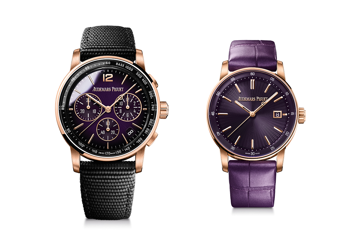 Men's chronograph Code 11.59 self-winding watch by Audemars Piguet and women's pink gold with a vibrant purple dial set on a strap of purple alligator. 
