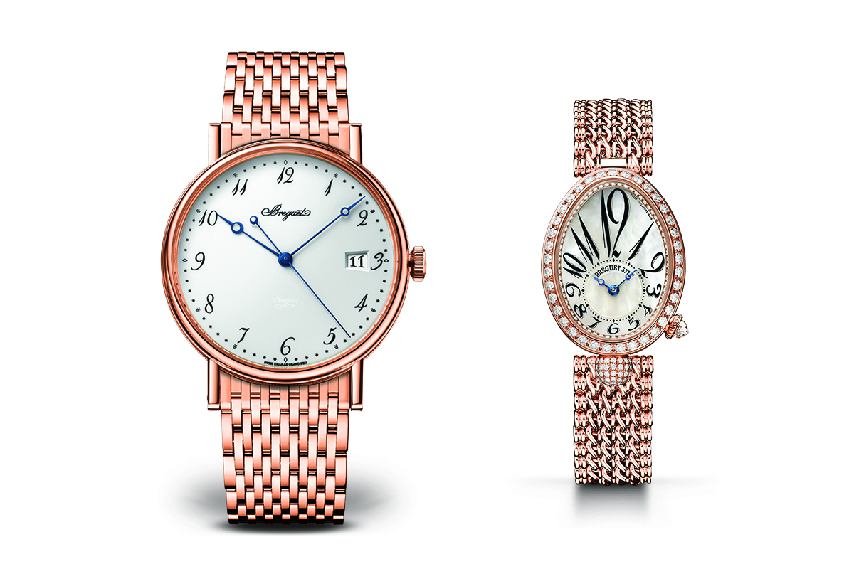 Breguet Classique men's watch with a white-enamel dial and women's The Reine de Naples with a mother-of-pearl dial set in diamonds, both in rose gold. 