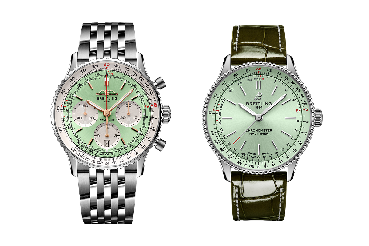 Men's B01 Chronograph in stainless steel and women's Automatic watches by Breitling with mint green dials. Hers has a green alligator leather strap.