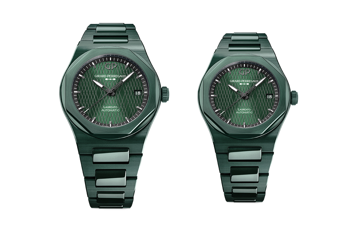 Girard-Perregaux and Aston Martin limited-edition, co-branded Laureato Green Ceramic watches. The dial features a crosshatch design.
