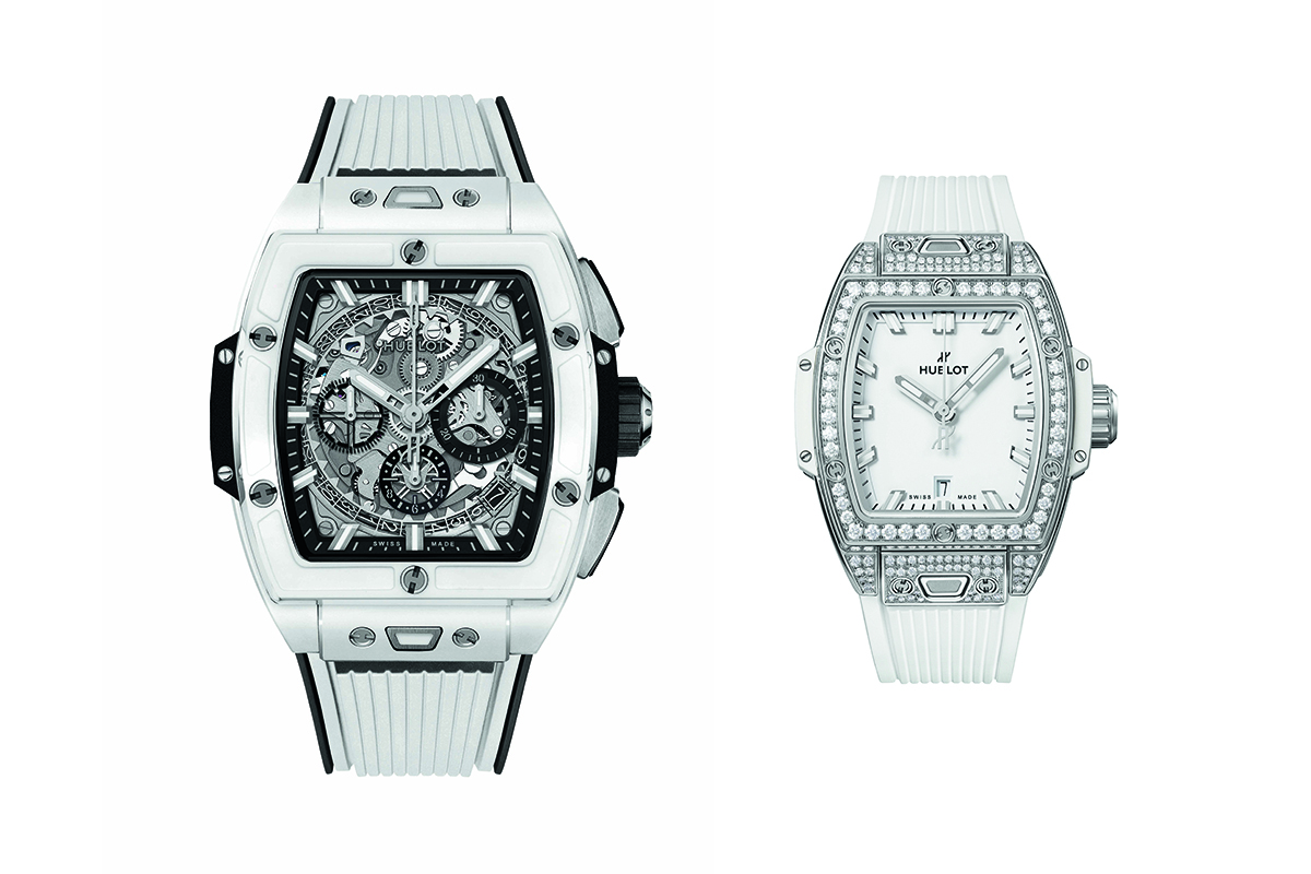 Hublot Spirit of Big Bang watches featuring tonneau-shaped cases and H-shaped screws on the bezel. The 32mm steel white pavé for her is set with 96 diamonds.