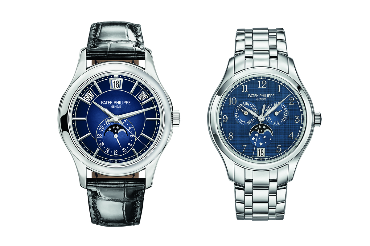 Patek Philippe’s Annual Calendar Moon Phases watch for him features a white gold and blue sunburst dial while hers has a blue shantung dial.