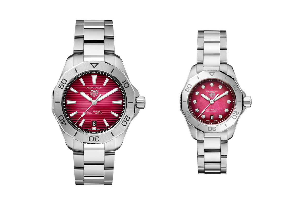 A watch set from TAG Heuer’s Aquaracer Professional 200 in steel with a striped red dial for him and ruby-red mother-of-pearl dial with diamond markers for her.