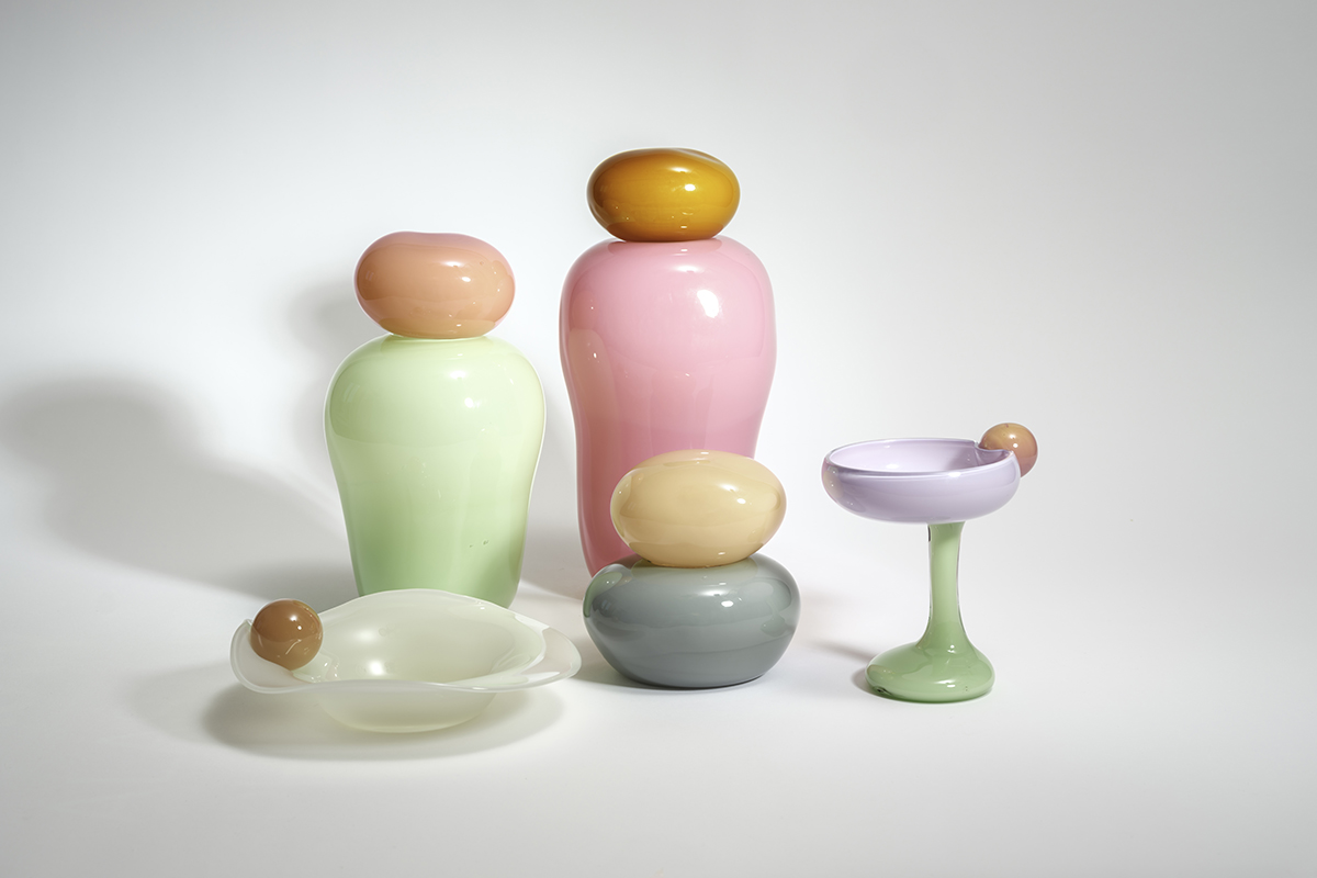 Bon Bon jars and containers in bright color combinations designed by Helle Mardahl featured at the Salone del Mobile.Milano 2023 furniture fair for the Doppia Firma exhibition.
