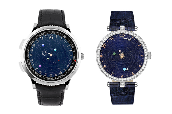A set of elegant wristwatches for him and her by Van Cleef & Aprels called the Planetarium featuring solar system faces crafted with semiprecious stones.