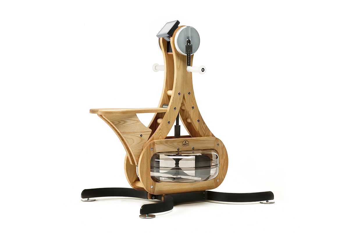 Nohrd Fitness Equipment. A wooden exercise machine. The Sprintbok curved treadmill is whisper-quiet and requires minimal maintenance. The WaterGrinder provides a hand-cranked workout for the core and upper body.