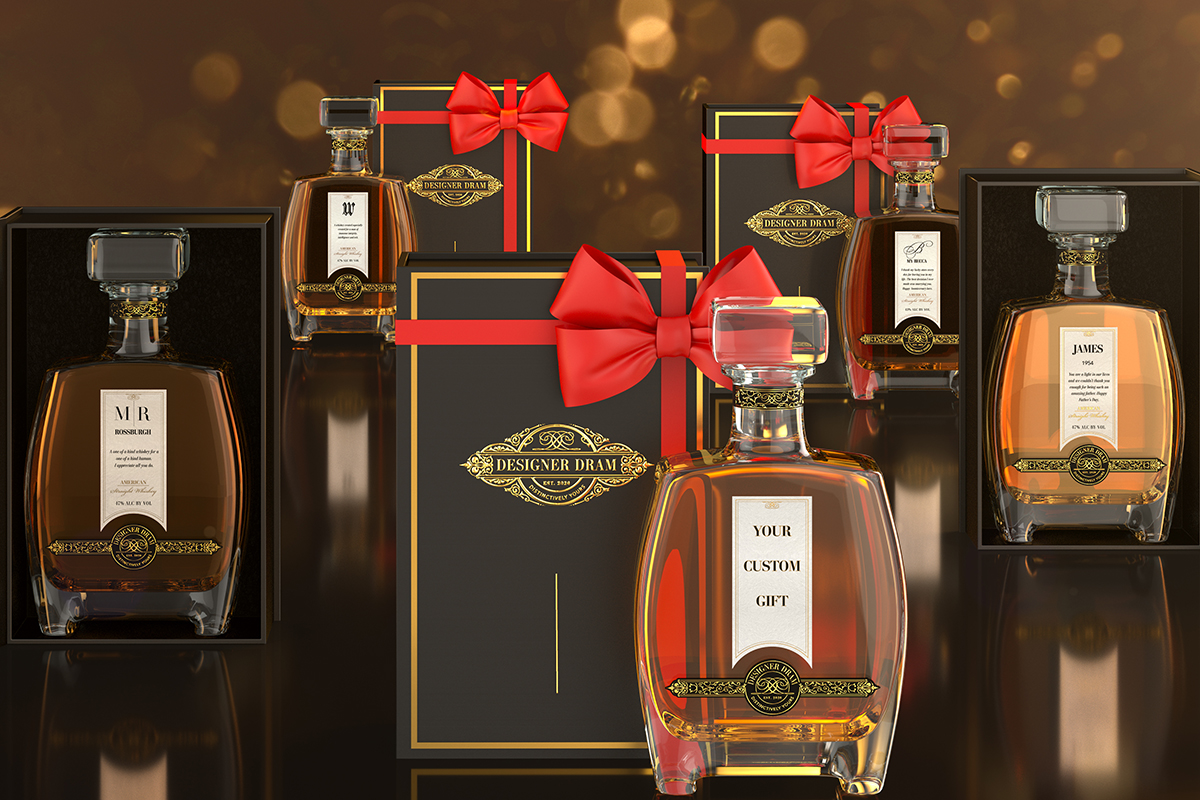 Bottles of Designer Dram Whiskies outfitted with Bows. Designer Dram’s master distiller fulfills each submitted blend, which is bottled and delivered with a customizable label.