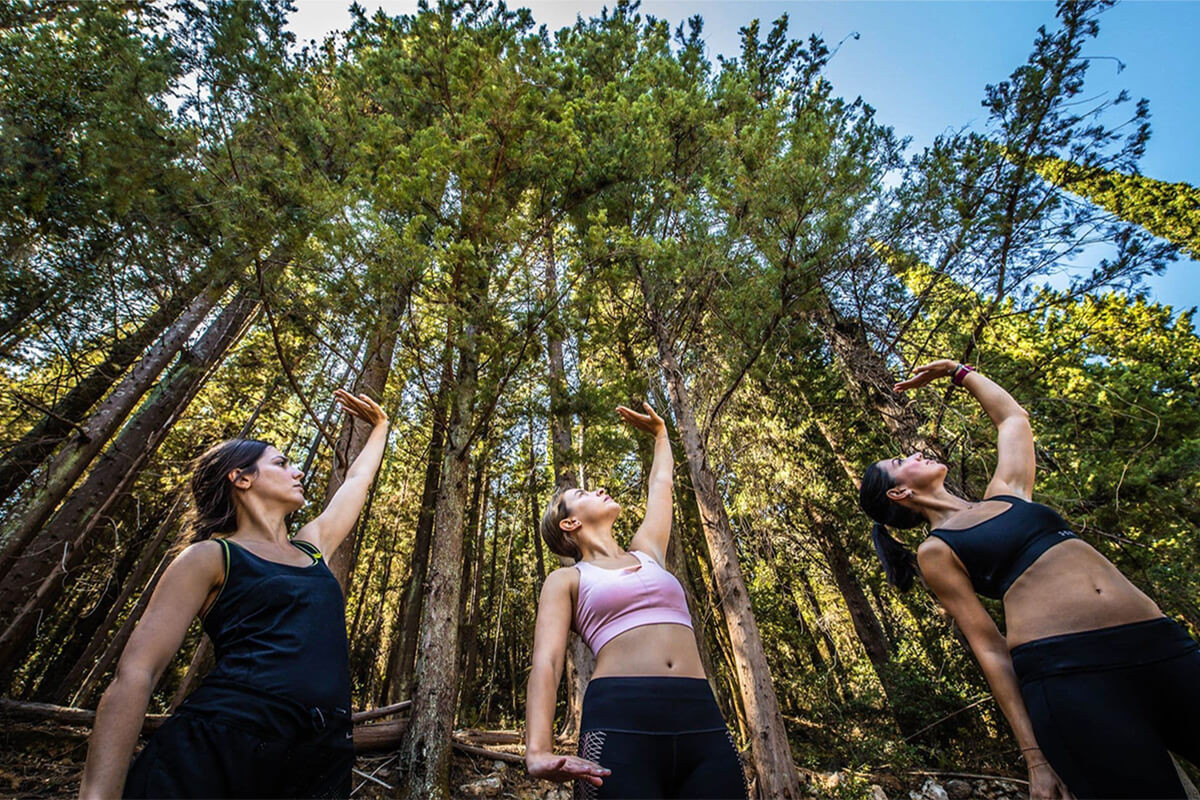 A group of people practicing yoga in the woods dressed in workout clothes and are positioned with their hands raised towards the sky. The image suggests a sense of wellness, mindfulness, and physical activity.