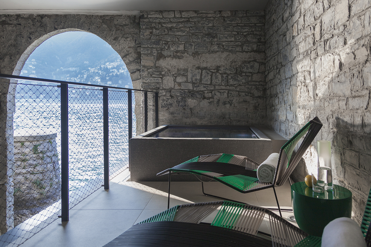 Balcony with seating and hot tub at Il Sereno Hotel, Lake Como, Italy